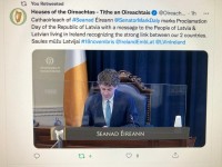Šodien Īrijas parlamentā izskan apsveikums Latvijai